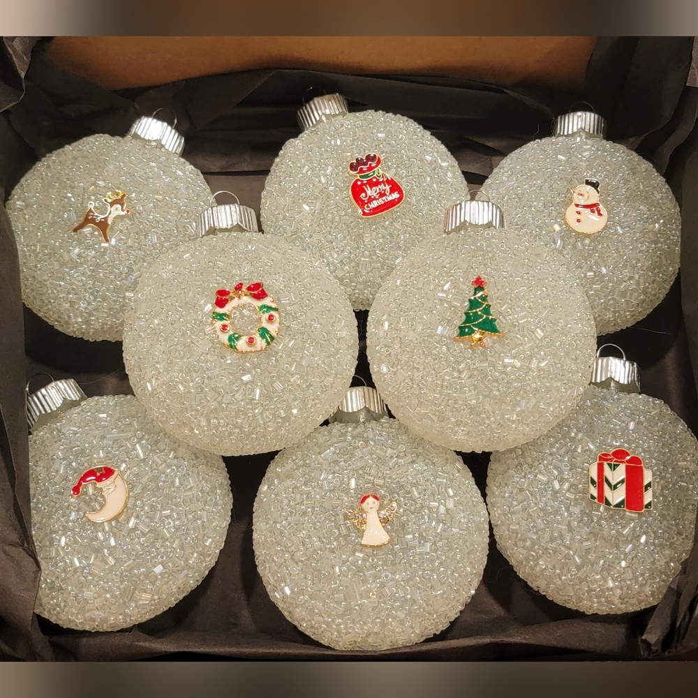 Ornaments- Set 8- Glass Iridescent Beaded 3" Rnd w/Mixed Charms